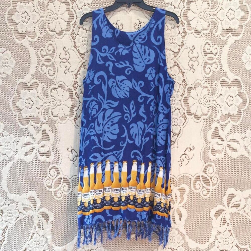 VTG rare 90s Corona Women's Blue and Yellow Beer-Themed Rayon Tropical Cover-up